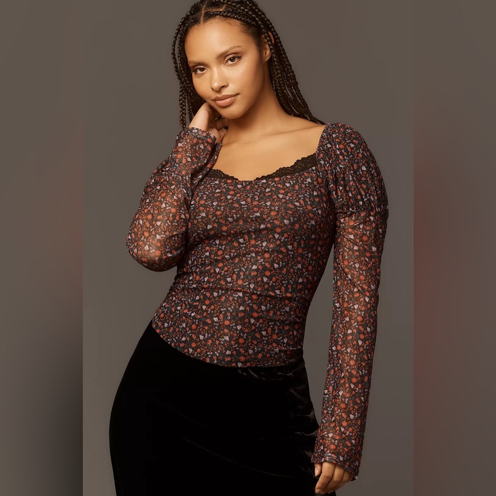 Maeve Mutton-Sleeve Scoop Neck Ditsy Floral Long Sleeve Top Anthropologie